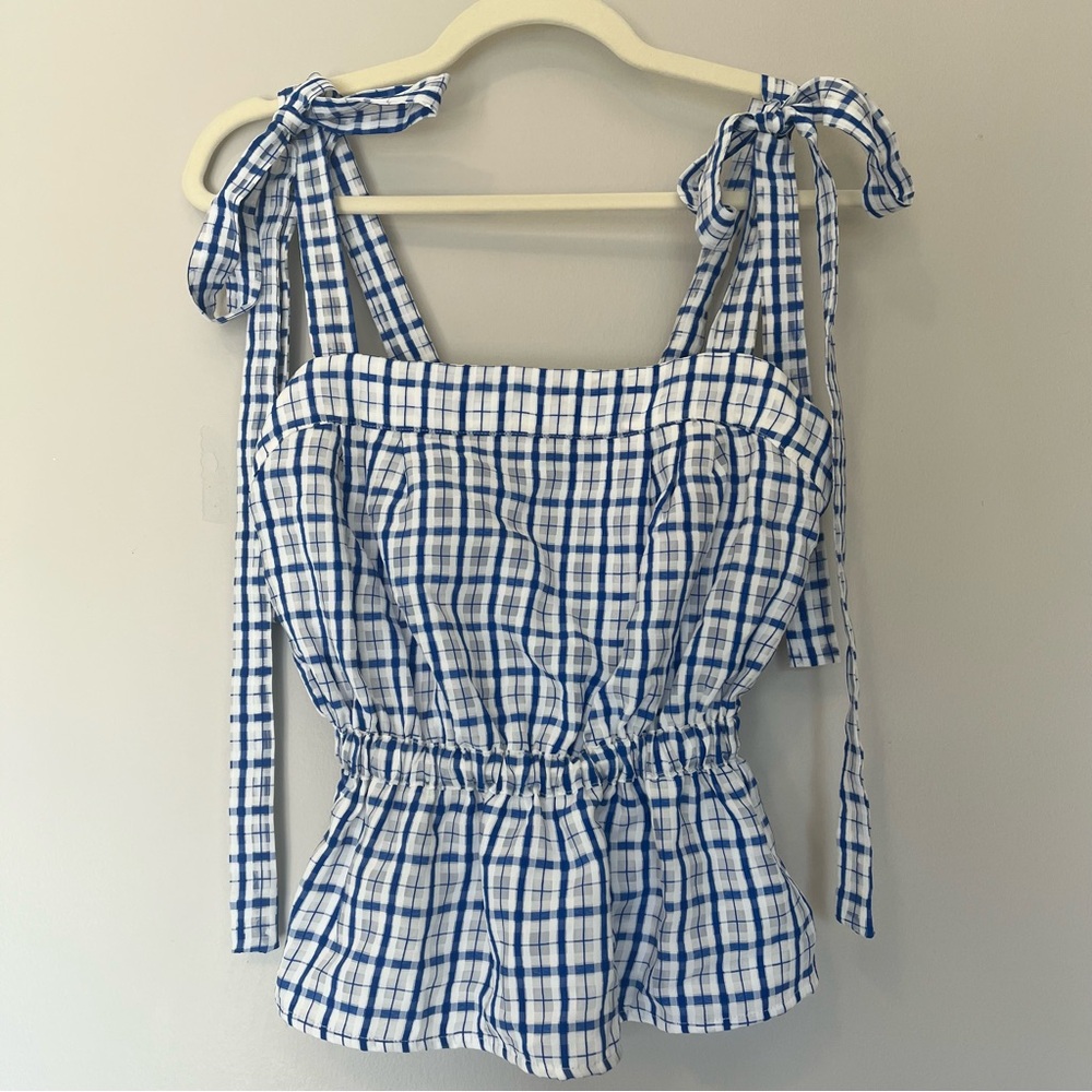 Corey Lynn Calter Blue Plaid Tie Strap Peplum Top XS Cottagecore